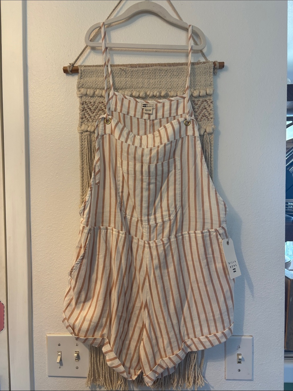 Billabong Wild Pursuit Beige & White Striped Linen-Blend Overalls Shorts